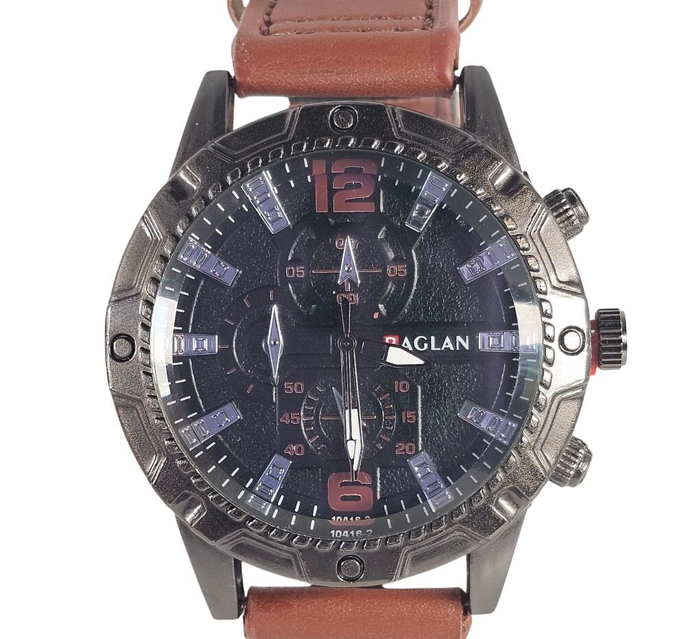 Raglan Men's Quartz Watch Black Dial Brown Band 43.9mm Case Chrono Look NEW